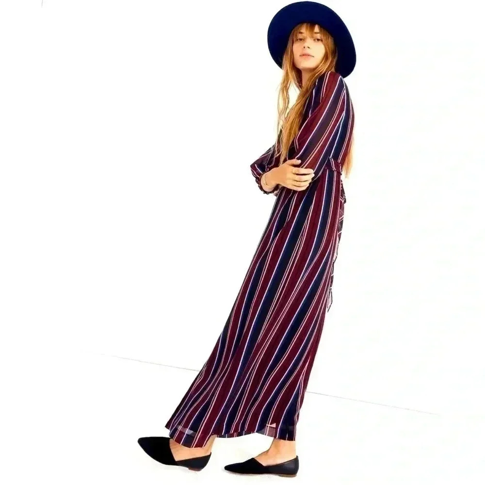 Madewell Wrap-Around Maxi Dress in Stockdale‎ Stripe Maroon Navy Size 00 ($178)
